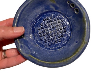 Blue green handmade ceramic garlic grater plate 4”