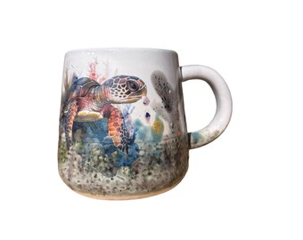Handmade Sea Turtle Art Mug #2 | 16 oz Ceramic Coffee Mug | One of a Kind Ocean Pottery | Low Fire Stoneware Gift