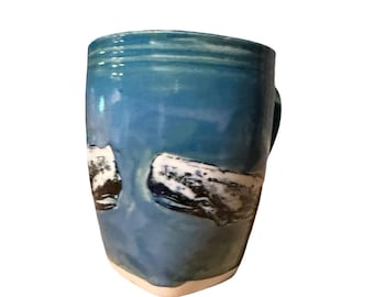 Two sperm whales artisan ceramic stoneware pottery coffee mug - square bottom 16oz large clay cup in blues