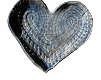 Handmade pressed lace denim blue heart ceramic soap dish / spoon rest / wedding ring plate