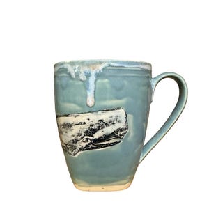 Moby dick sperm whale artisan ceramic stoneware pottery coffee mug - square bottom 16oz large clay cup in blues