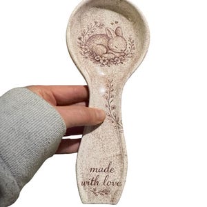 French Country Kitch Ceramic Spoon Rest – Rabbit “Made with Love” Design – Farmhouse Pottery