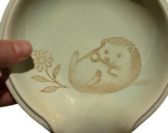 Shabby Chic Hedgehog Spoon Rest: blue and brown Ceramic Pottery, Conservation Support