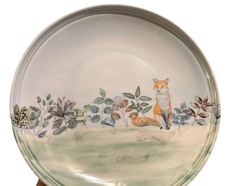 Fox in field - 11” round ceramic stoneware decorative and functional serving plate artisan pottery