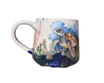Sea Turtle Art Mug #6 | 16 oz Ceramic Coffee Mug | One of a Kind Blue Ocean Pottery | Low Fire Stoneware Gift