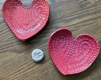 Handmade Pressed Lace Heart Dish: Red Ceramic Soap/Ring Plate