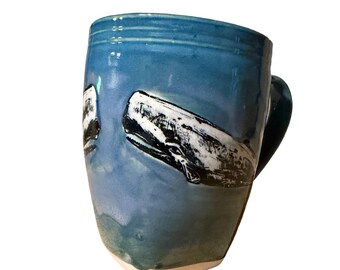Two sperm whales artisan ceramic stoneware pottery coffee mug - square bottom 16oz large clay cup in blues #2