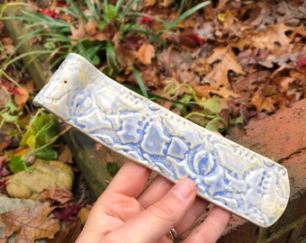 Blue and butter yellow long incense holder with pressed vintage lace pattern - handmade ceramic stick incense holders