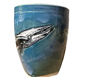 Cow and calf minke whale artisan ceramic stoneware pottery coffee mug - square bottom 16oz large cup stoneware clay in  blues and greens