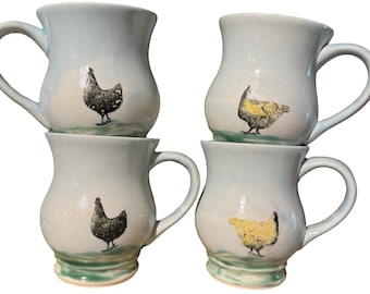 Hand-Painted Two Chickens Mug: Vintage inspired Farmhouse Stoneware