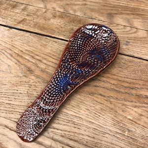Handmade ceramic spoon rest  - merlot red brown with blue accents glaze with lace print design - eco kitchen gift - free shipping
