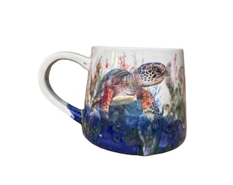 Sea Turtle Art Mug #7 | 16 oz Ceramic Coffee Mug | One of a Kind Blue Ocean Pottery | Low Fire Stoneware Gift
