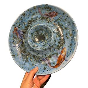 Hand Painted Koi Fish Ceramic Chip and Dip Plate - 12&quot; Stoneware Serving Dish