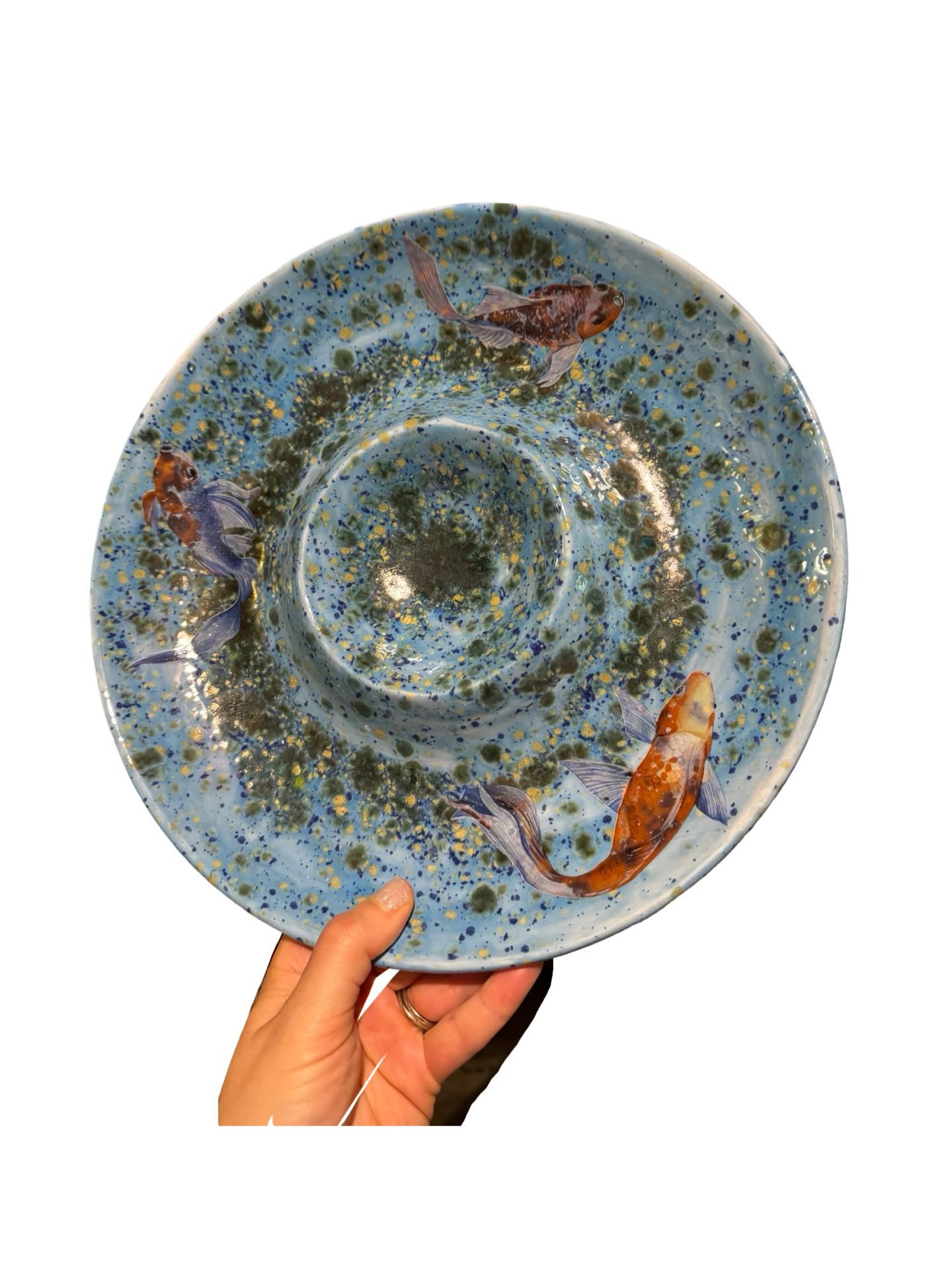 Hand Painted Koi Fish Ceramic Chip and Dip Plate - 12" Stoneware Serving Dish