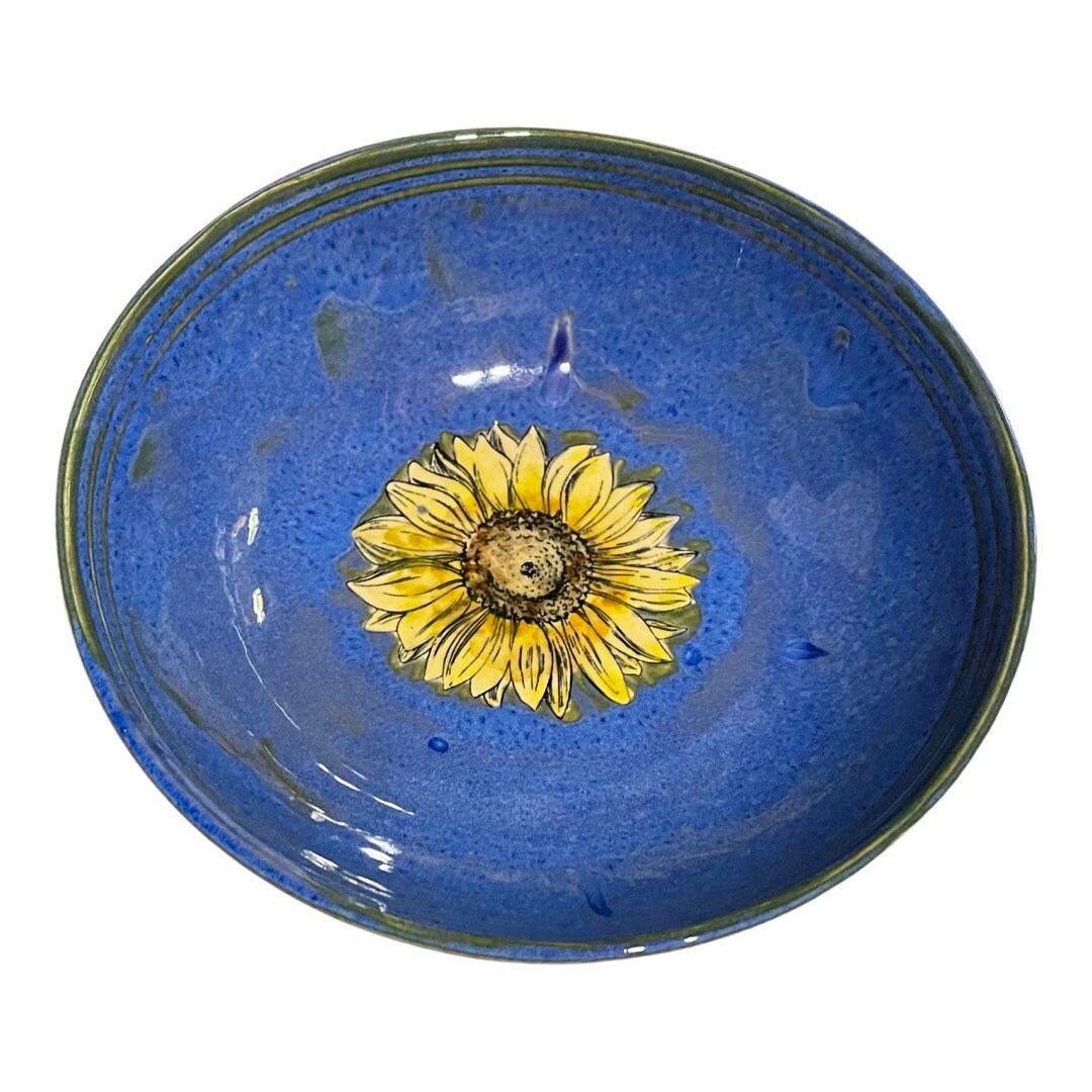 7 X 2 Medium Blue Cereal Bowl With Hand Painted Yellow Etsy