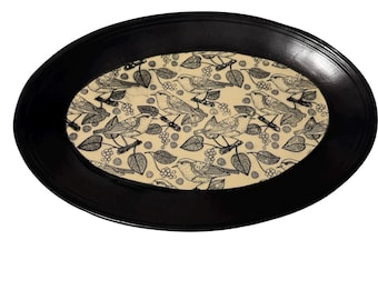 Hand-Painted Songbird Ceramic Serving Tray: Black & White Oval Platter