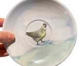 Small ceramic handmade plate - 5 - chicken in green grass art dish nice for wedding rings, appetizers, candles or as an eco kids dish