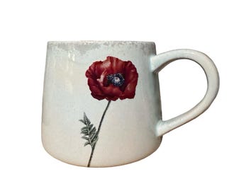 Rustic chic red poppy 16oz ceramic coffee mug - handmade pottery