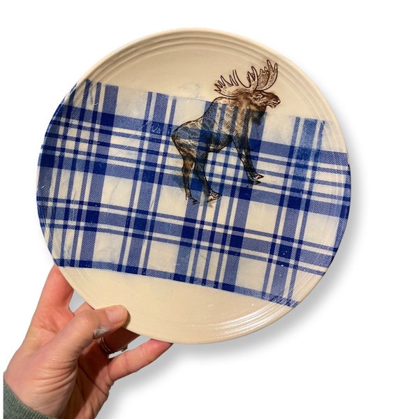 8.5” ceramic stoneware decorative and functional salad plate - glaze artisan pottery - white with blue plaid and a vermont moose (second)