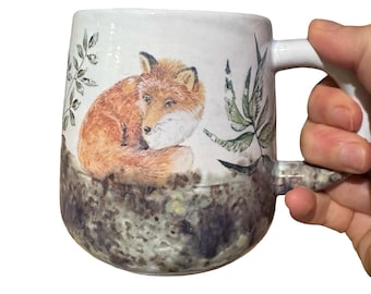 Handmade Curled Red Fox Ceramic Mug | 16 oz Pottery Coffee Mug | Woodland Wildlife Cup | Nature Lover Gift