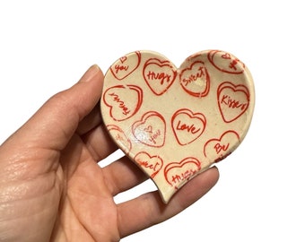 Handmade Ceramic Heart Ring Dish: Red Candy Heart Bowl, Shabby Chic Decor
