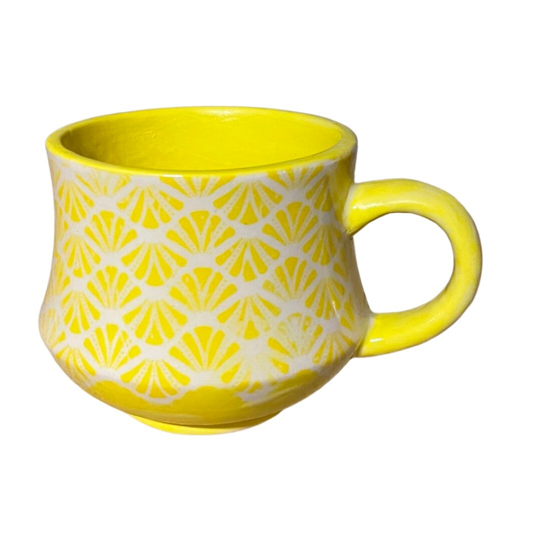 Vintage inspired yellow Art Deco ceramic coffee mug (14oz) hand painted pottery for conservation