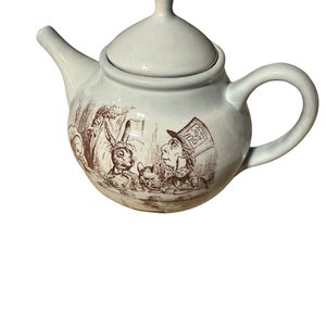 Alice in Wonderland (John Tenniel line art) adult sized stoneware ceramic teapot w/ Mad hatter tea party, drink me and we are all mad here