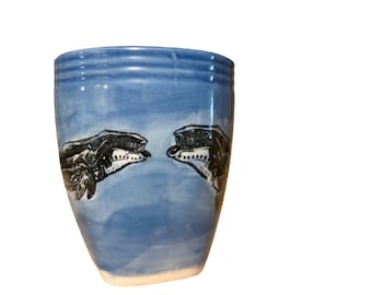 Cow and calf right whale artisan ceramic stoneware pottery coffee mug - square bottom 16oz large cup stoneware clay in  blues
