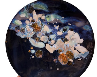 Handmade Abstract Ceramic 10.5” Dinner Plate | Obsidian, Seafoam & Copper