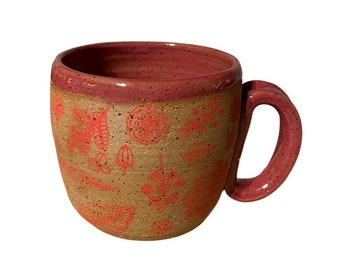 Wheel thrown loop handle mug (14oz) - speckled raw clay with red botanicals and rose celadon interior - handmade pottery for conservation