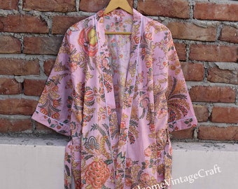 Baumwoll-Kimono-Robe, Blockdruck-Roben für Frauen, Morgenmantel, plus große Roben, Baumwoll-Kimono, Strandvertuschung, Lounge-Wear, Freizeitkleidung