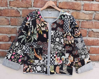 Handmade Patch Pattern Bomber Jacket with quilted lines Women kantha reversible Embroidered Unisex Winter jacket coat Boho bridesmaid gifts