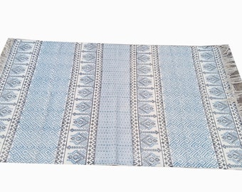 4 x 6 Indian Cotton Dhurrie Traditional Block Printed Carpet Boho decor Picnic Rug Hand Woven Prayer Rug Beach Rug Floor Mat  wave pattern.
