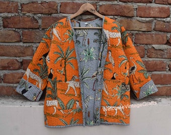 Double side Cotton Quilted Jacket Women Wear Front Open Kimono Stripe piping HandMade Vintage Quilted Jacket ,Coats,Boho kantha coat bomber