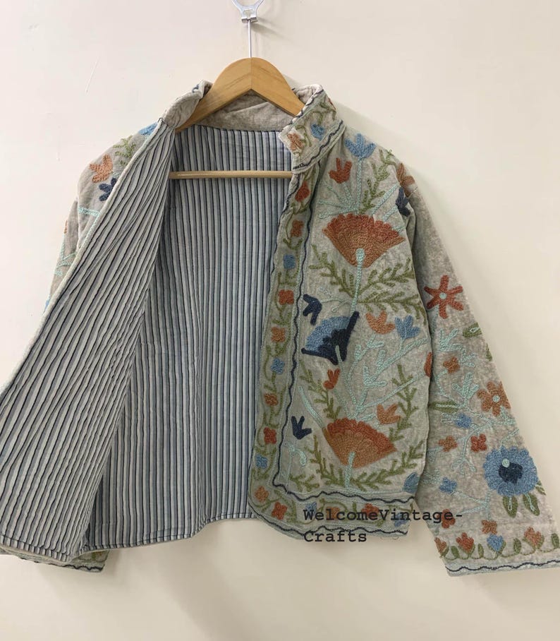Green Embroidery floral Jackets Velvet inner Cotton Bohemian Style Winter Coat Street wear Bomber Boho Reversible Jacket for Women fashion image 7