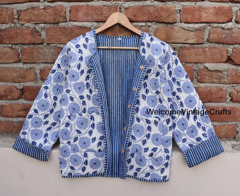 Cotton Quilted Jacket Women Wear Front Open Kimono Stripe piping HandMade Vintage Quilted Jacket , Coats , New Style, Boho double side wear White & Blue floral