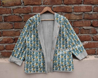 Handmade floral Bomber Jacket with quilted lines Women kantha reversible Embroidered Unisex Winter jacket coat Boho bridesmaid gifts