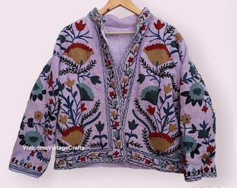 Purple Suzani Embroidery Cotton Jacket Women Wear Front Open HandMade Vintage summer winter Jacket ,Coats , New Style, Boho double side wear