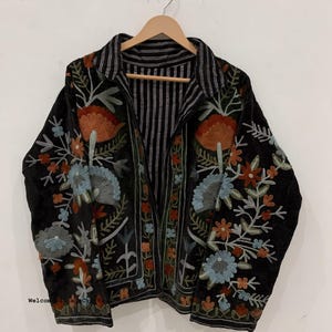 Green Embroidery floral Jackets Velvet inner Cotton Bohemian Style Winter Coat Street wear Bomber Boho Reversible Jacket for Women fashion Black