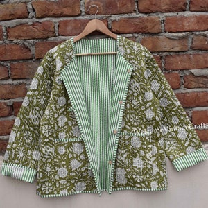 Cotton Quilted Jacket Women Wear Front Open Kimono Stripe piping HandMade Vintage Quilted Jacket , Coats , New Style, Boho double side wear
