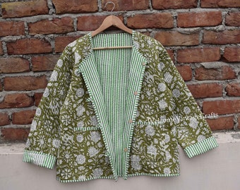 Cotton Quilted Jacket Women Wear Front Open Kimono Stripe piping HandMade Vintage Quilted Jacket , Coats , New Style, Boho double side wear