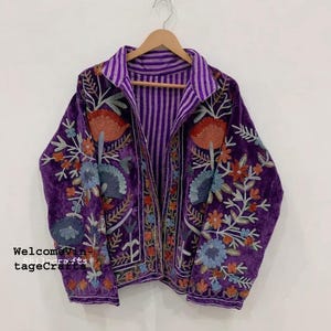 Green Embroidery floral Jackets Velvet inner Cotton Bohemian Style Winter Coat Street wear Bomber Boho Reversible Jacket for Women fashion Purple