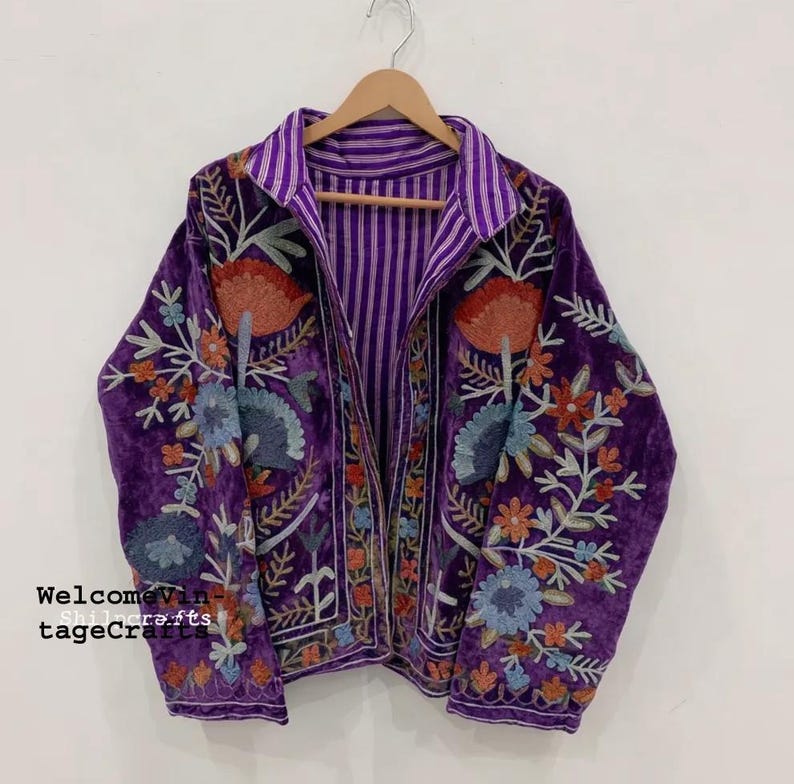 Green Embroidery floral Jackets Velvet inner Cotton Bohemian Style Winter Coat Street wear Bomber Boho Reversible Jacket for Women fashion Purple