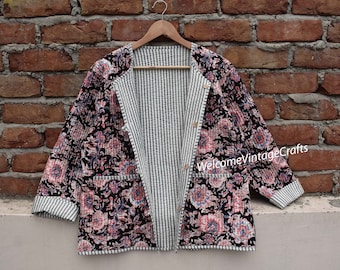Block Printed Reversible Cotton Quilted Jacket long sleeve HandMade Vintage  Boho double side Reversible Short Length Front Tie Open Jacket
