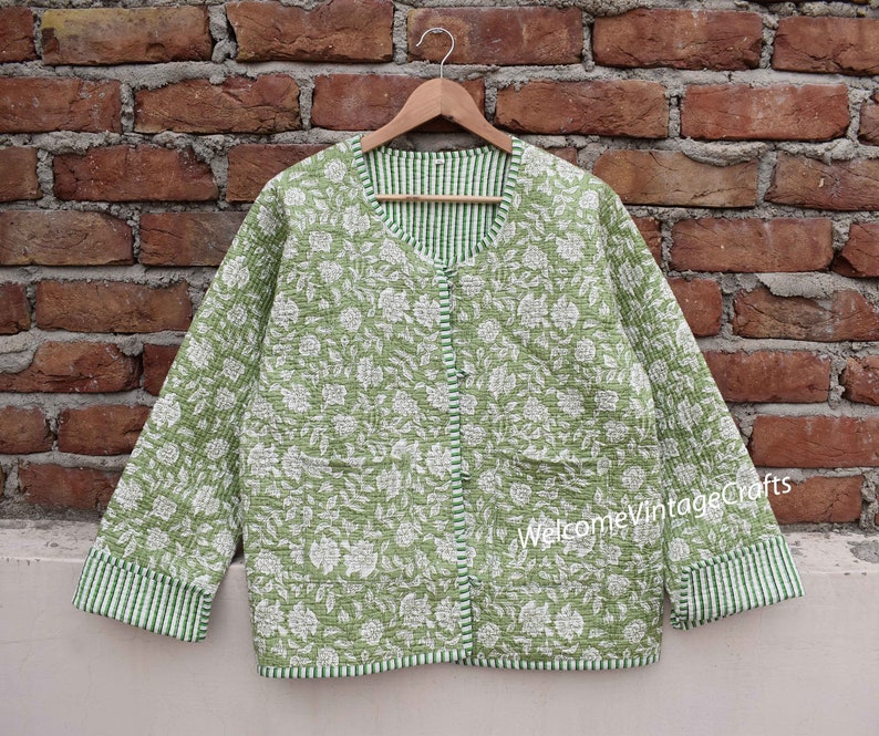 Baumwoll-Steppjacke Frauen tragen vorne offene Kimono-Streifenpaspel Handgefertigte Vintage-Steppjacke, Mäntel, neuer Stil, Boho-Doppelseite tragen Bild 2