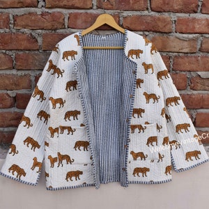 Baumwoll-Steppjacke Frauen tragen vorne offene Kimono-Streifenpaspel Handgefertigte Vintage-Steppjacke, Mäntel, neuer Stil, Boho-Doppelseite tragen white tiger