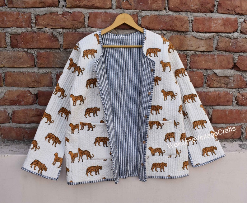 Baumwoll-Steppjacke Frauen tragen vorne offene Kimono-Streifenpaspel Handgefertigte Vintage-Steppjacke, Mäntel, neuer Stil, Boho-Doppelseite tragen white tiger