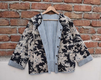 Cotton Quilted Jacket Women Wear Front Open Kimono Stripe piping HandMade Vintage Quilted Jacket , Coats , New Style, Boho double side wear