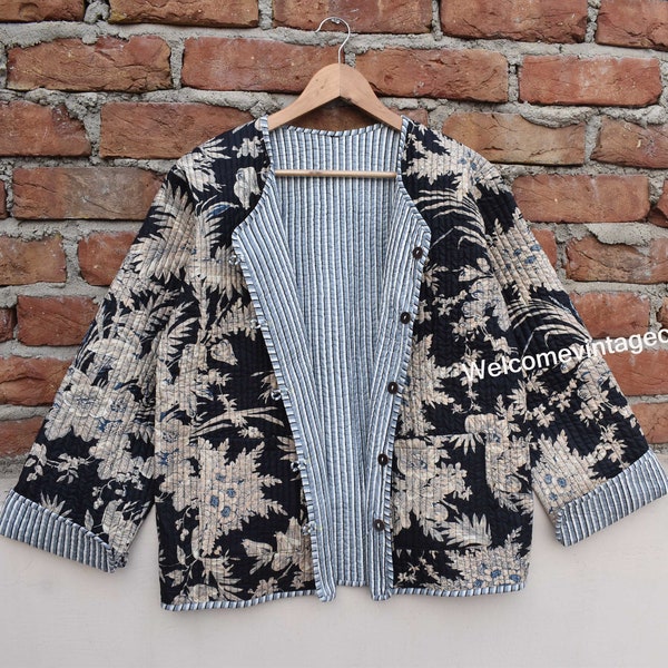 Cotton Quilted Jacket Women Wear Front Open Kimono Stripe piping HandMade Vintage Quilted Jacket , Coats , New Style, Boho double side wear