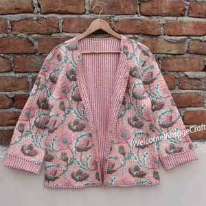 Cotton Quilted Jacket Women Wear Front Open Kimono Stripe piping HandMade Vintage Quilted Jacket , Coats , New Style, Boho double side wear Pink